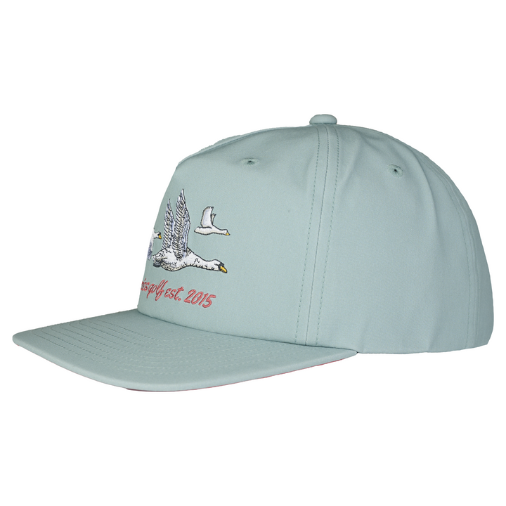 Light blue cap with a logo and text on a white background