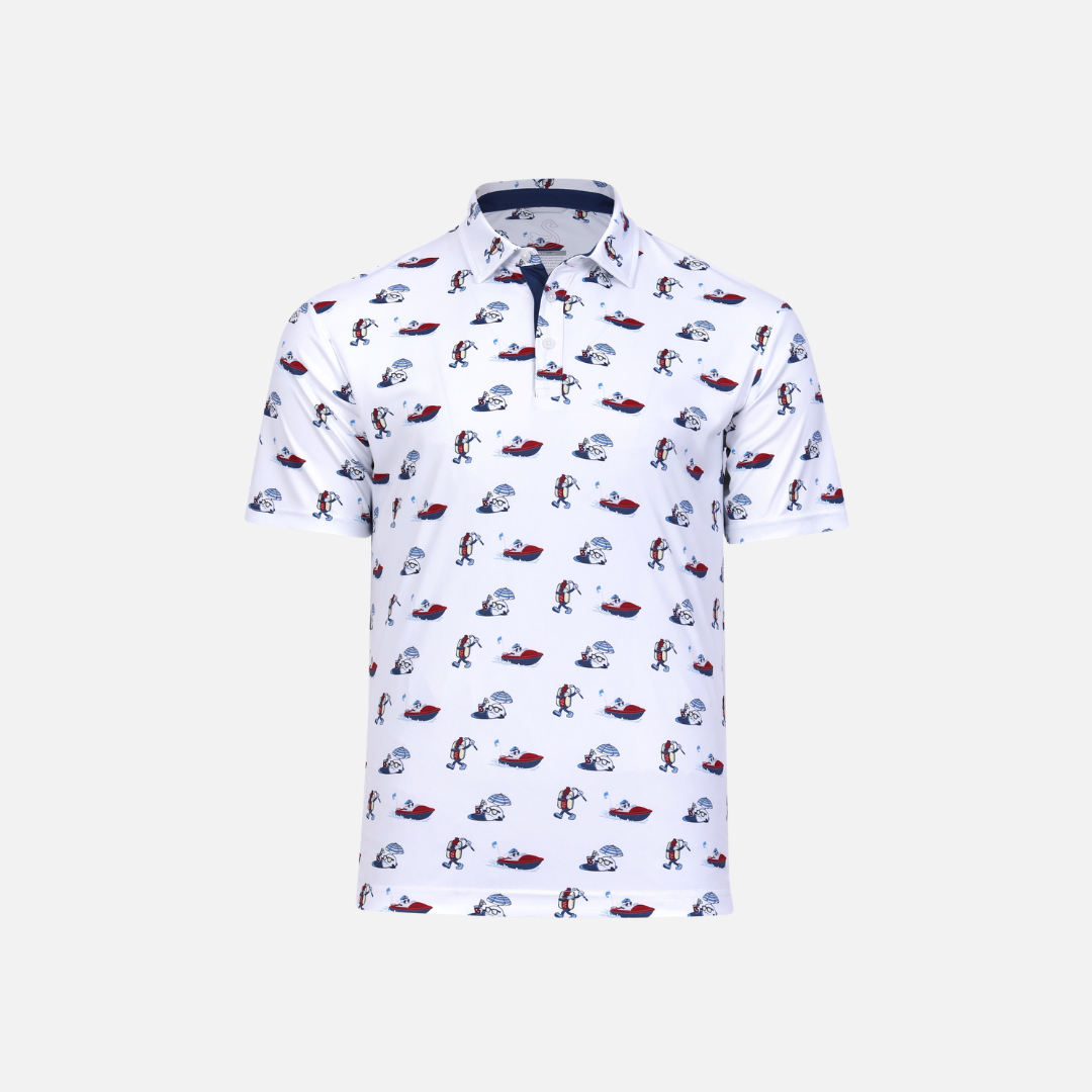 Swannies Mens Polo in Compass White colorway, twirls hotdog, golf is easy and waterball logo pattern